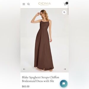 NWT CICINIA Blake Spaghetti Straps Chiffon Bridesmaid Dress Chocolate Brown